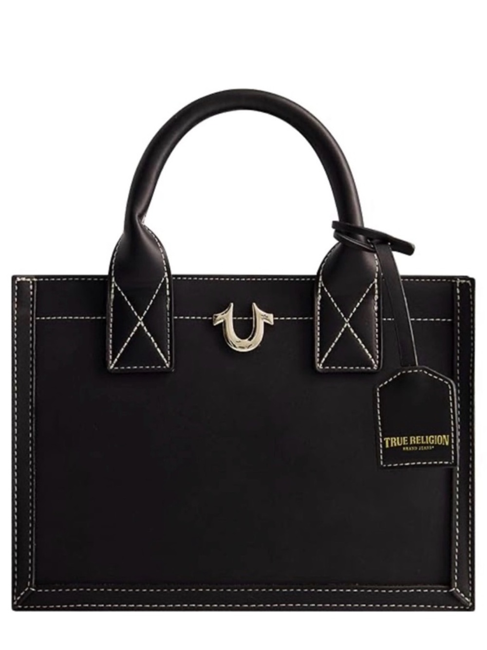🆕 TRUE RELIGION Modern Edge Crossbody Tote Bag Black Tan Logo Strap NWT